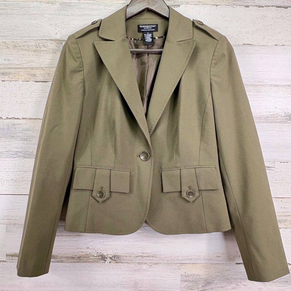 Worthington Works Stretch Womens Olive Green Military Style Blazer Jacket Size 6